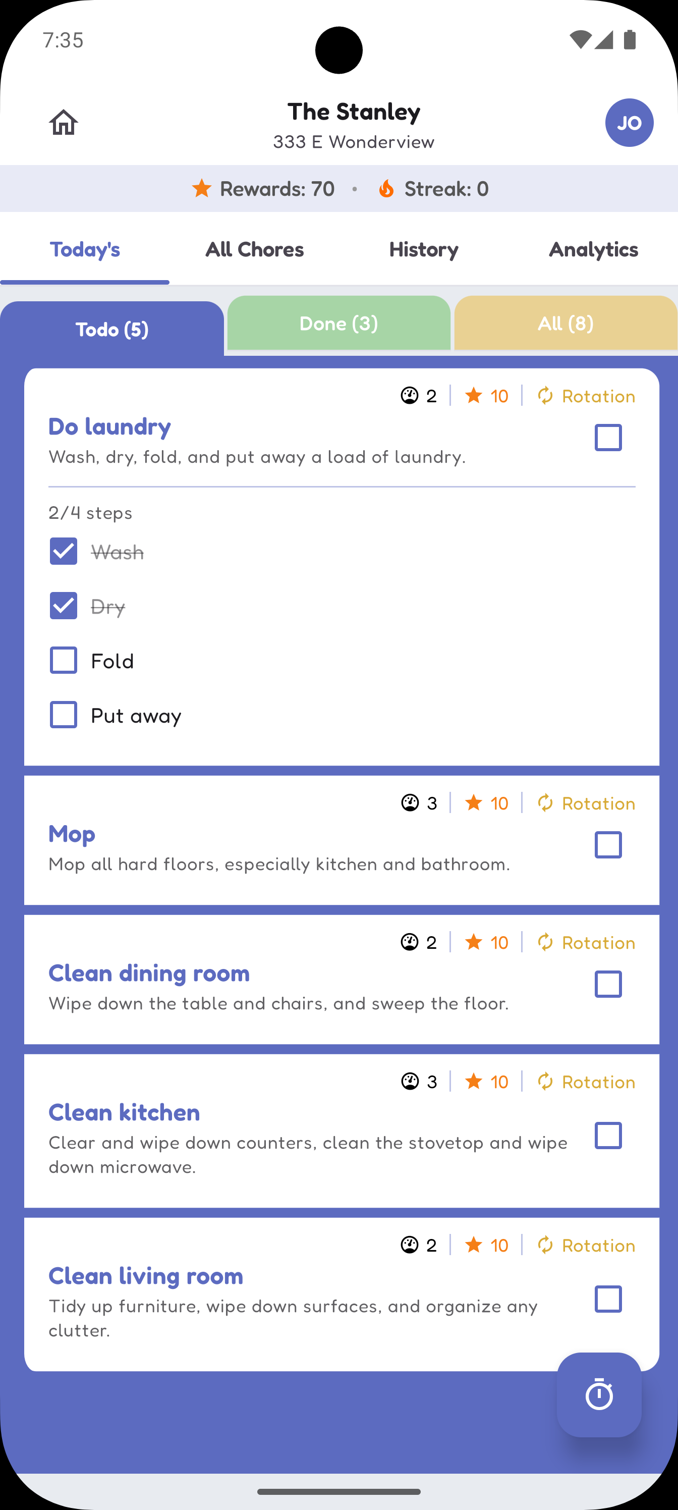 Chore Chores daily task list showing chores assigned for today with difficulty ratings and steps