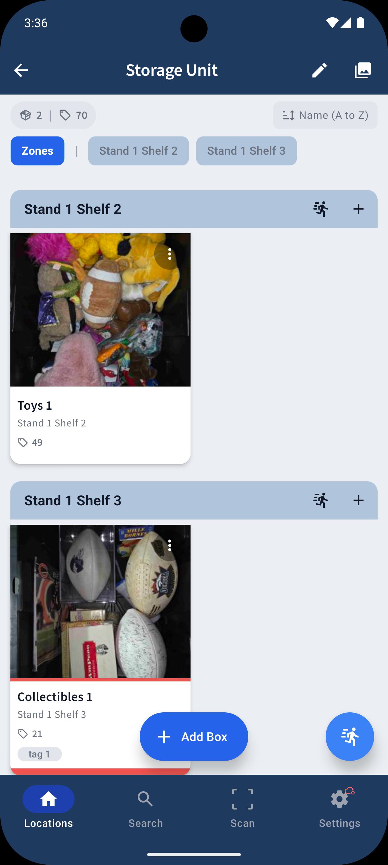 Clutter Buddy locations view showing nested home storage areas like garage, attic, and closet